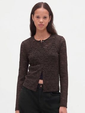 Gap Terra Brown Lace Long Sleeve Crewneck Cardigan Size L NWT